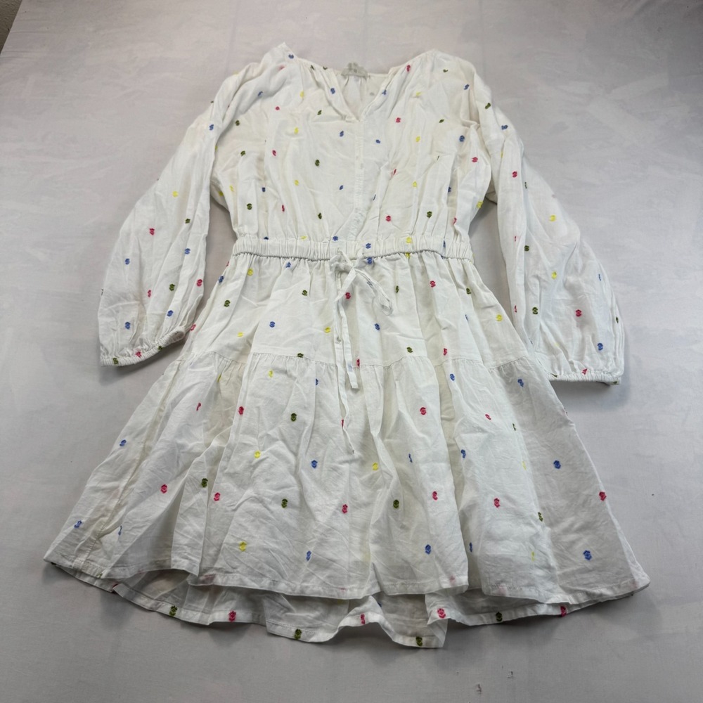 Lou & Grey Flare Dress Womens Small White Embroidered Swiss Dot Drawstring Waist
